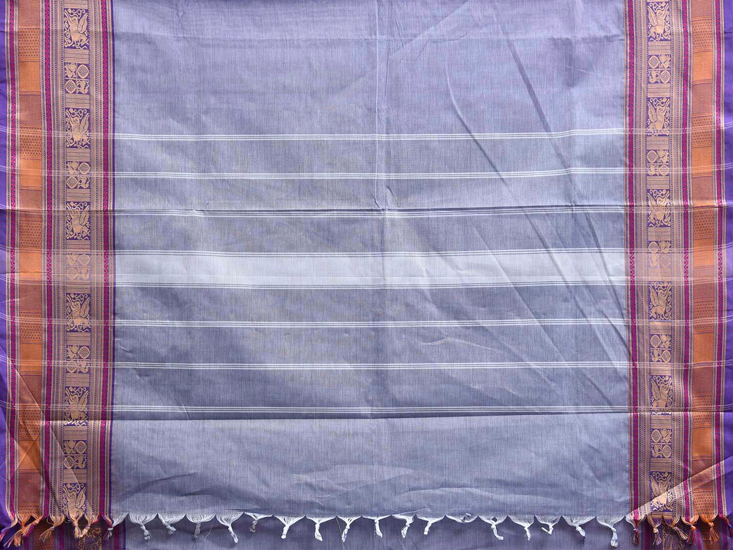 Light Blue Kanchipuram Cotton Plain Saree with Strips Pallu and Border Design No Blouse k1026