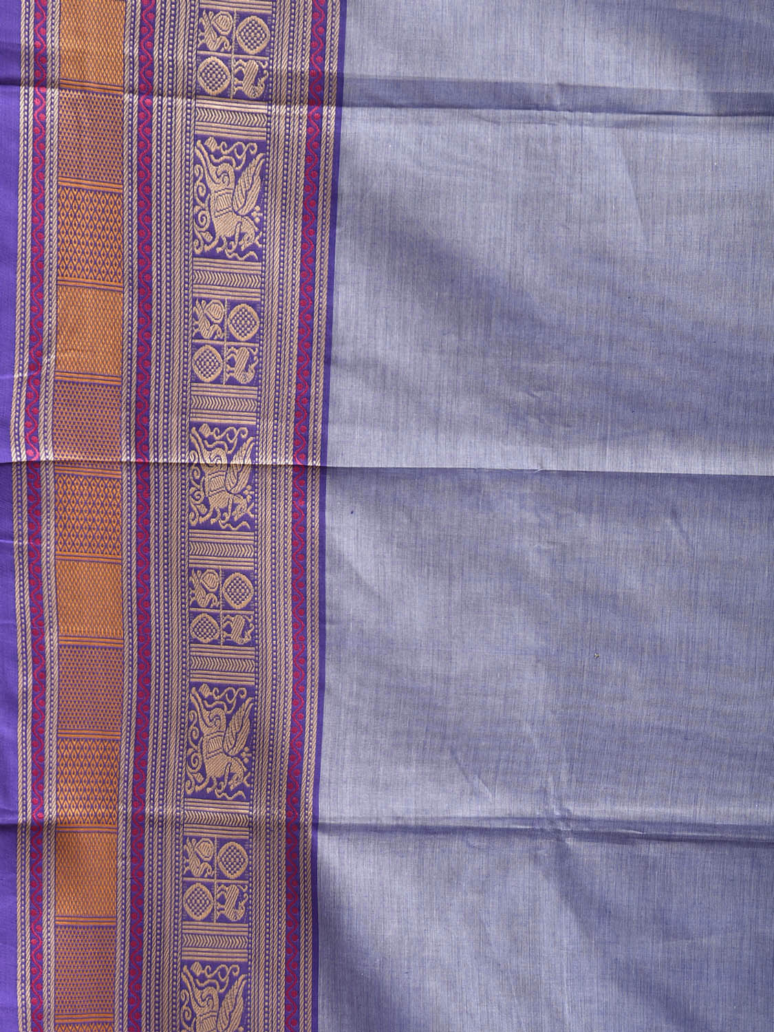 Light Blue Kanchipuram Cotton Plain Saree with Strips Pallu and Border Design No Blouse k1026