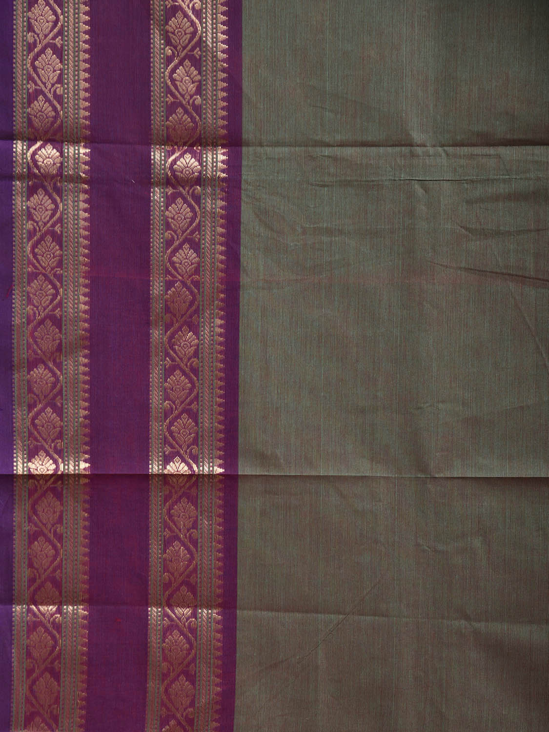 Dark Olive and Purple Kanchipuram Cotton Plain Saree with Strips Pallu and Border Design No Blouse k1027