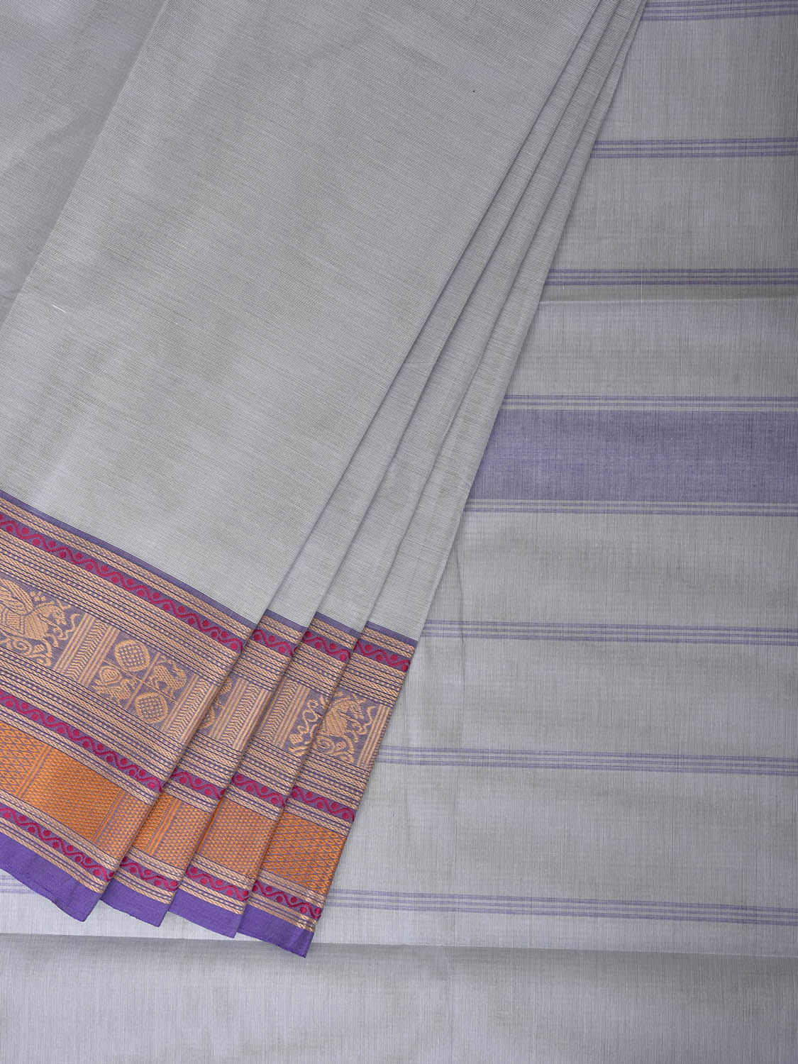 Sea Blue Kanchipuram Cotton Plain Saree with Strips Pallu and Border Design No Blouse k1028