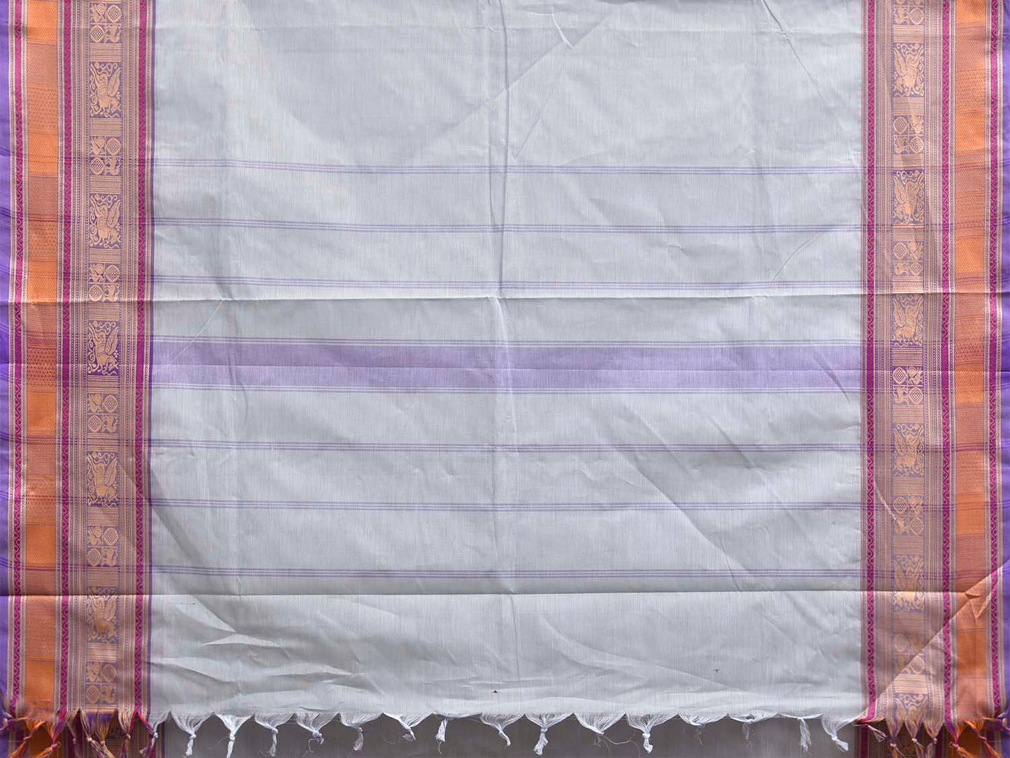Sea Blue Kanchipuram Cotton Plain Saree with Strips Pallu and Border Design No Blouse k1028