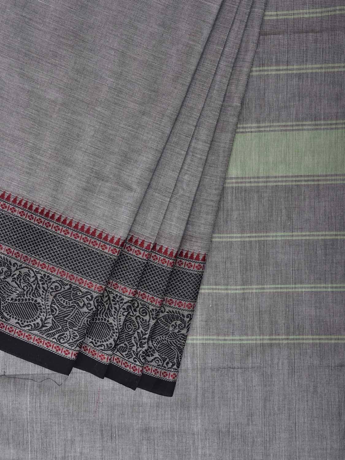 Light Grey Kanchipuram Cotton Plain Saree with Strips Pallu and Border Design No Blouse k1033
