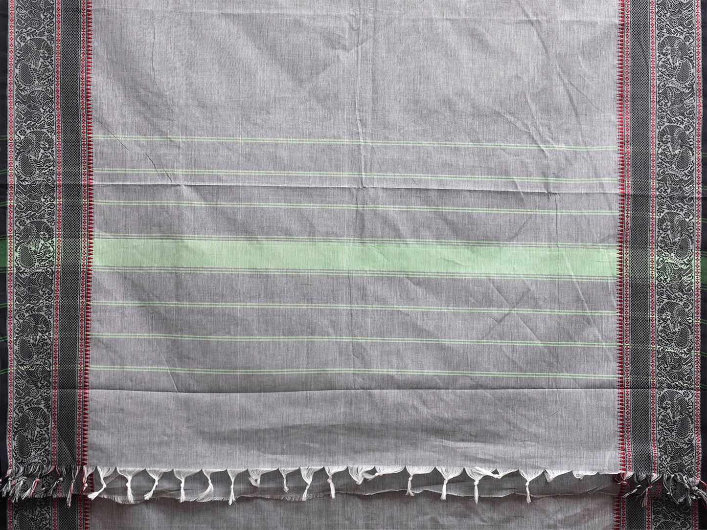 Light Grey Kanchipuram Cotton Plain Saree with Strips Pallu and Border Design No Blouse k1033