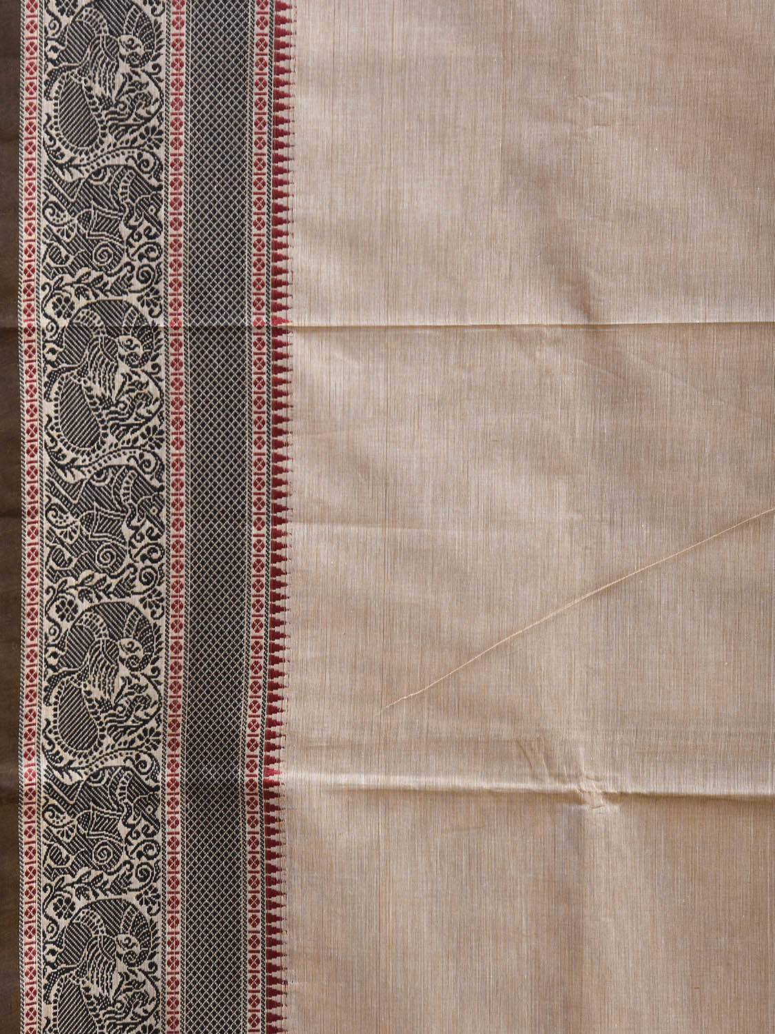 Cream Kanchipuram Cotton Plain Saree with Strips Pallu and Border Design No Blouse k1035
