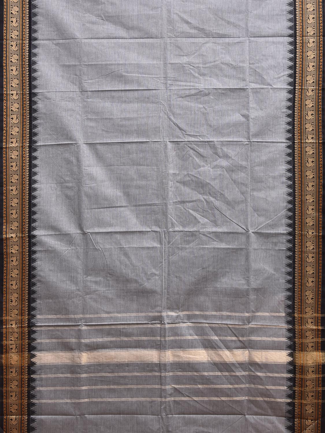 Light Grey Kanchipuram Cotton Plain Saree with Big Border Design No Blouse k1037