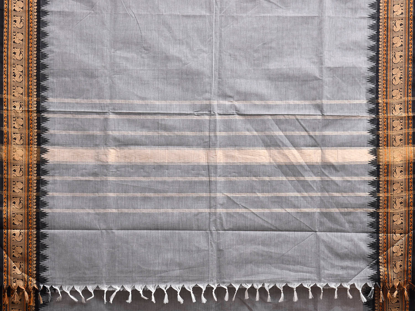 Light Grey Kanchipuram Cotton Plain Saree with Big Border Design No Blouse k1037