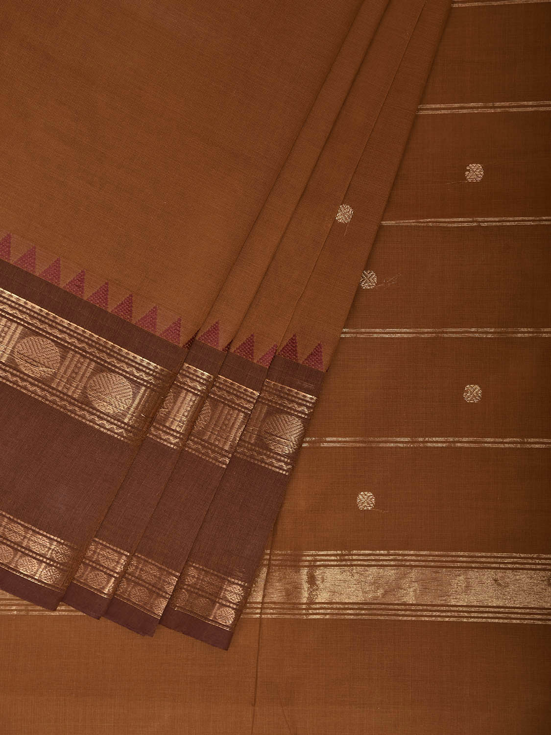 Rust and Light Brown Kanchipuram Cotton Saree with Strips Pallu and Border Design No Blouse k1038