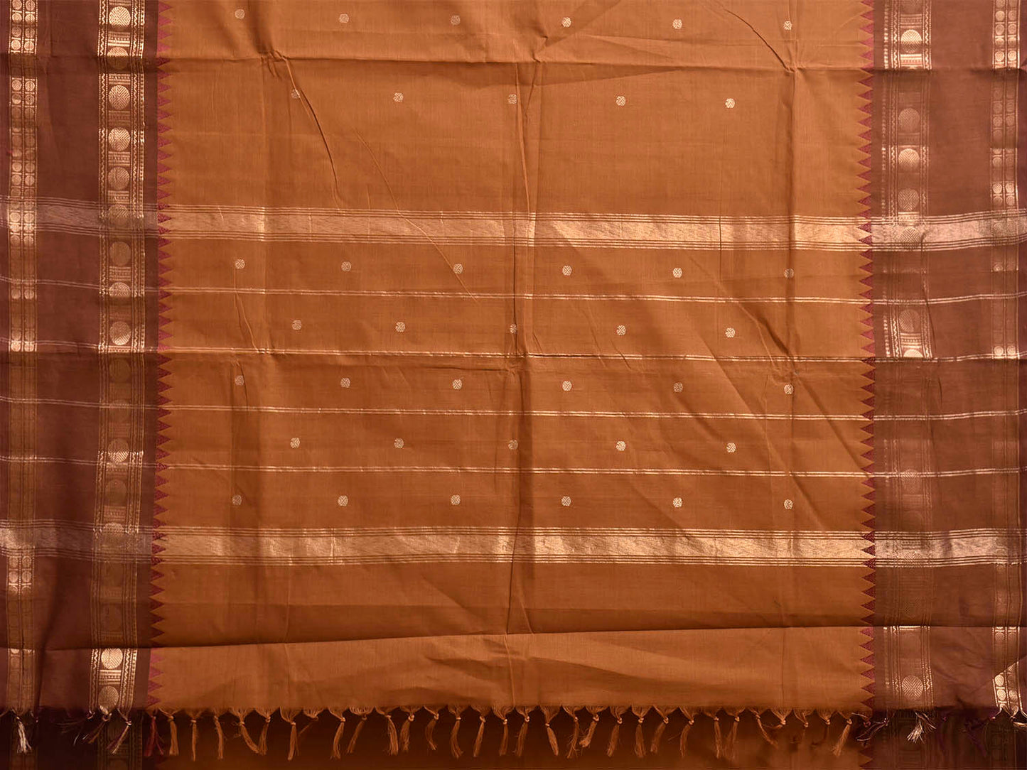 Rust and Light Brown Kanchipuram Cotton Saree with Strips Pallu and Border Design No Blouse k1038