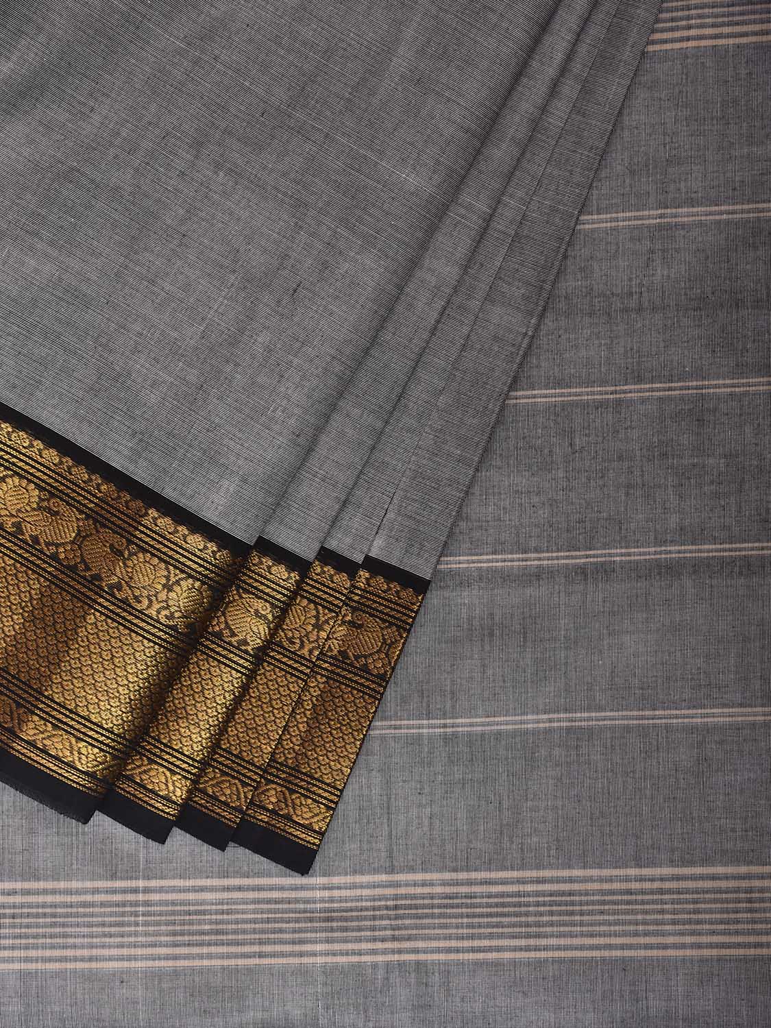 Light Grey Kanchipuram Cotton Plain Saree with Strips Pallu and Border Design No Blouse k1039