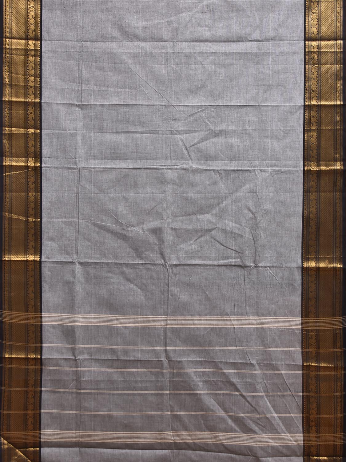 Light Grey Kanchipuram Cotton Plain Saree with Strips Pallu and Border Design No Blouse k1039