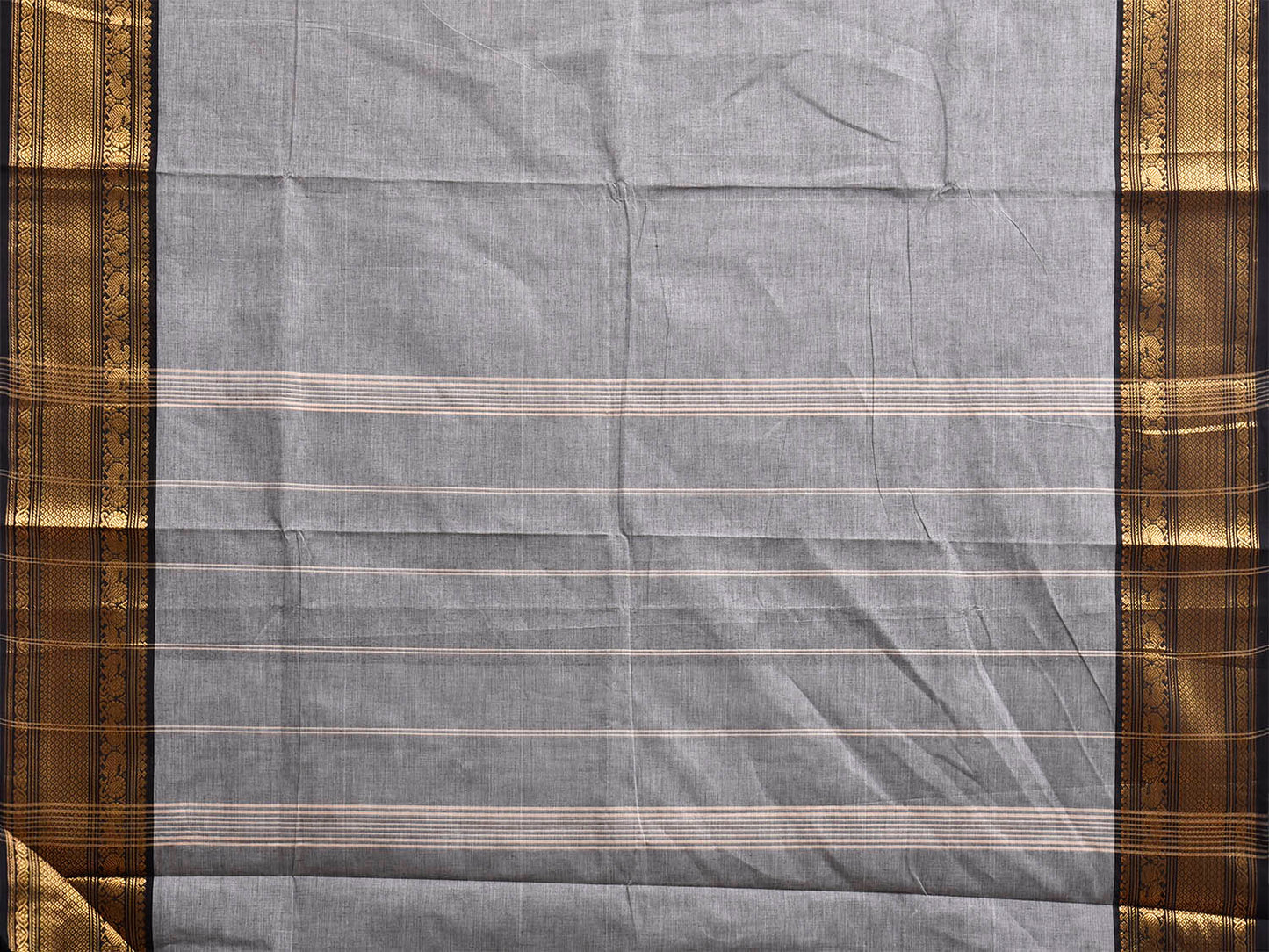 Light Grey Kanchipuram Cotton Plain Saree with Strips Pallu and Border Design No Blouse k1039