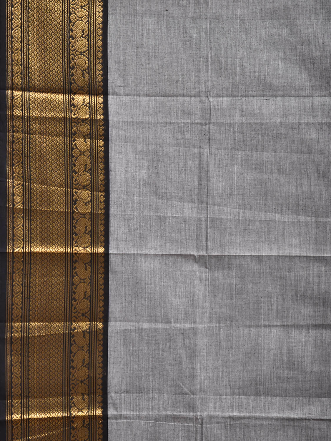 Light Grey Kanchipuram Cotton Plain Saree with Strips Pallu and Border Design No Blouse k1039