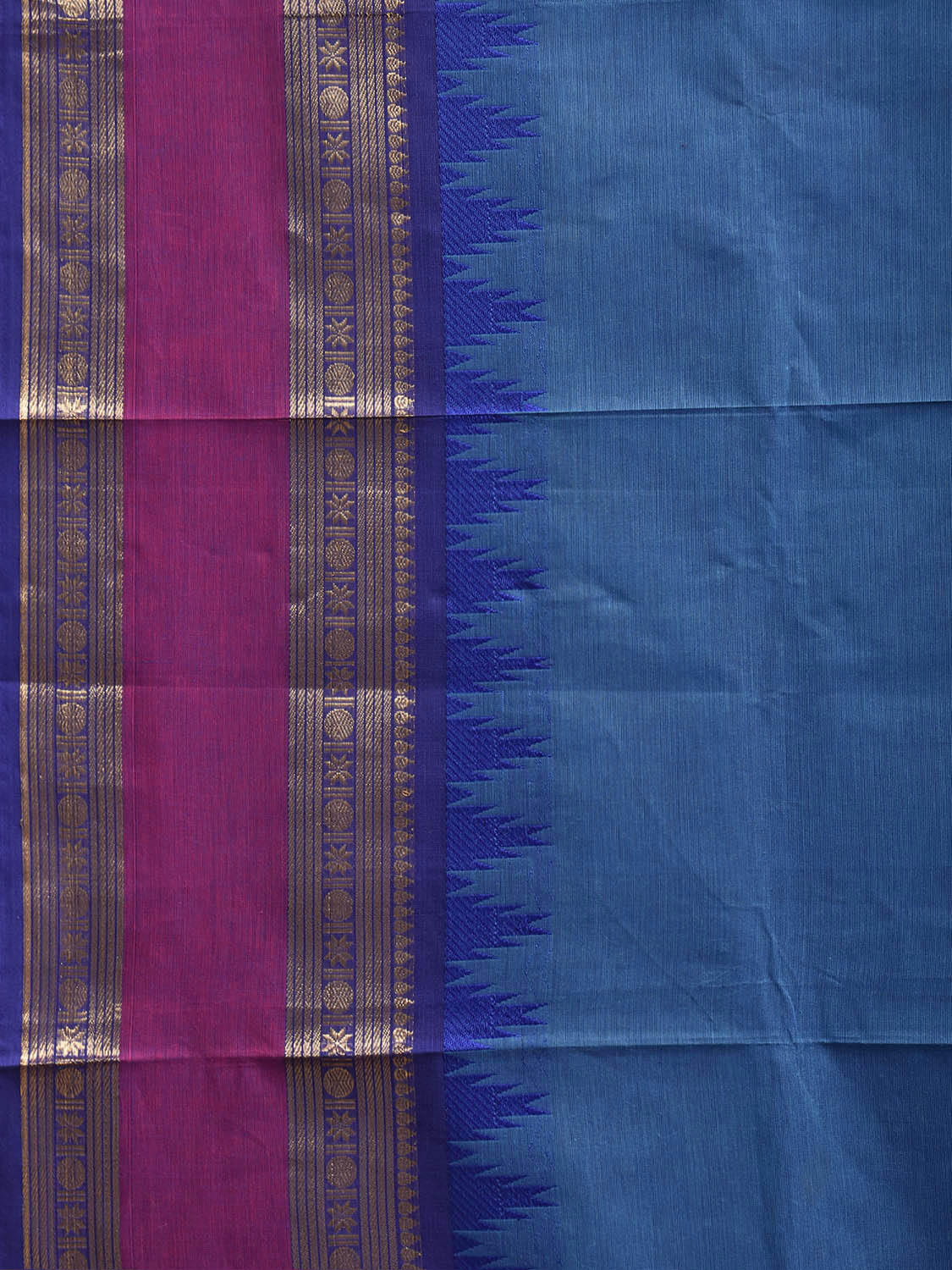Blue Kanchipuram Cotton Plain Saree with Big Temple Border Design No Blouse k1040