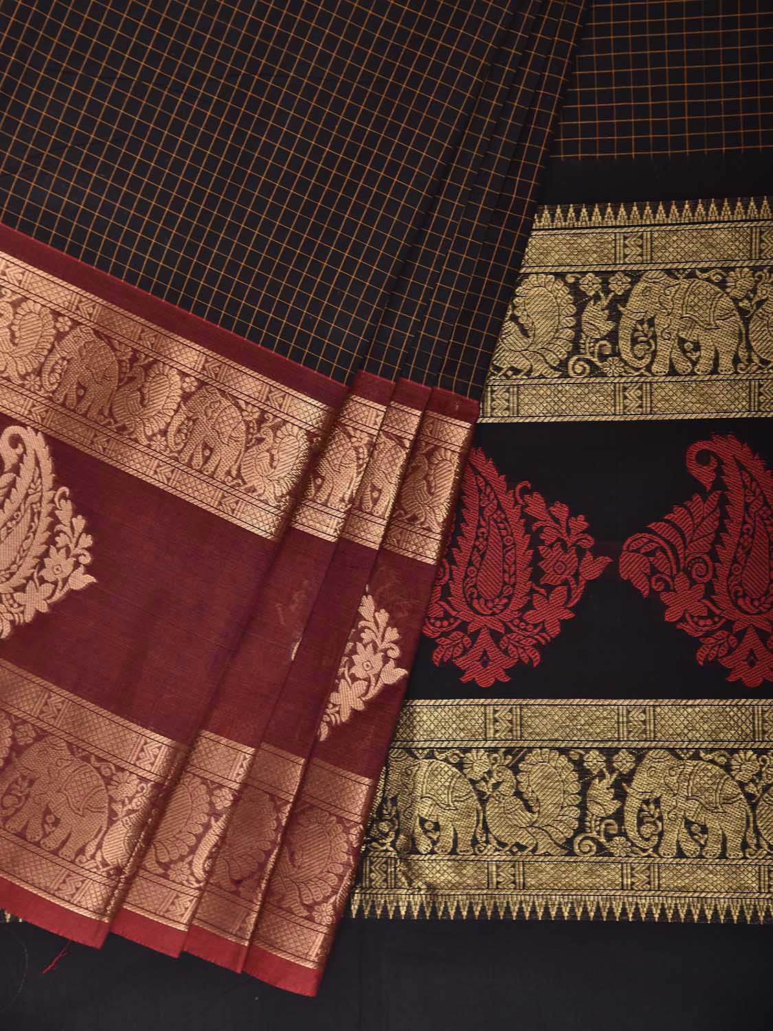 Black and Maroon Kanchipuram Cotton Saree with Checks and Big Border Design k1041