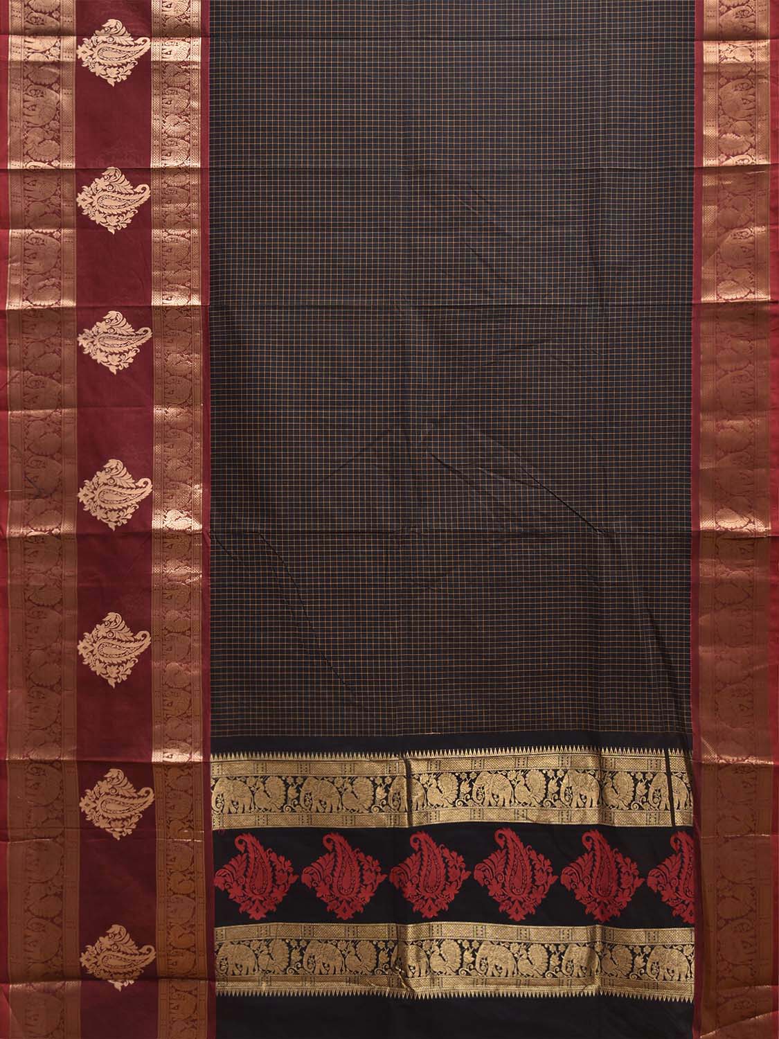 Black and Maroon Kanchipuram Cotton Saree with Checks and Big Border Design k1041
