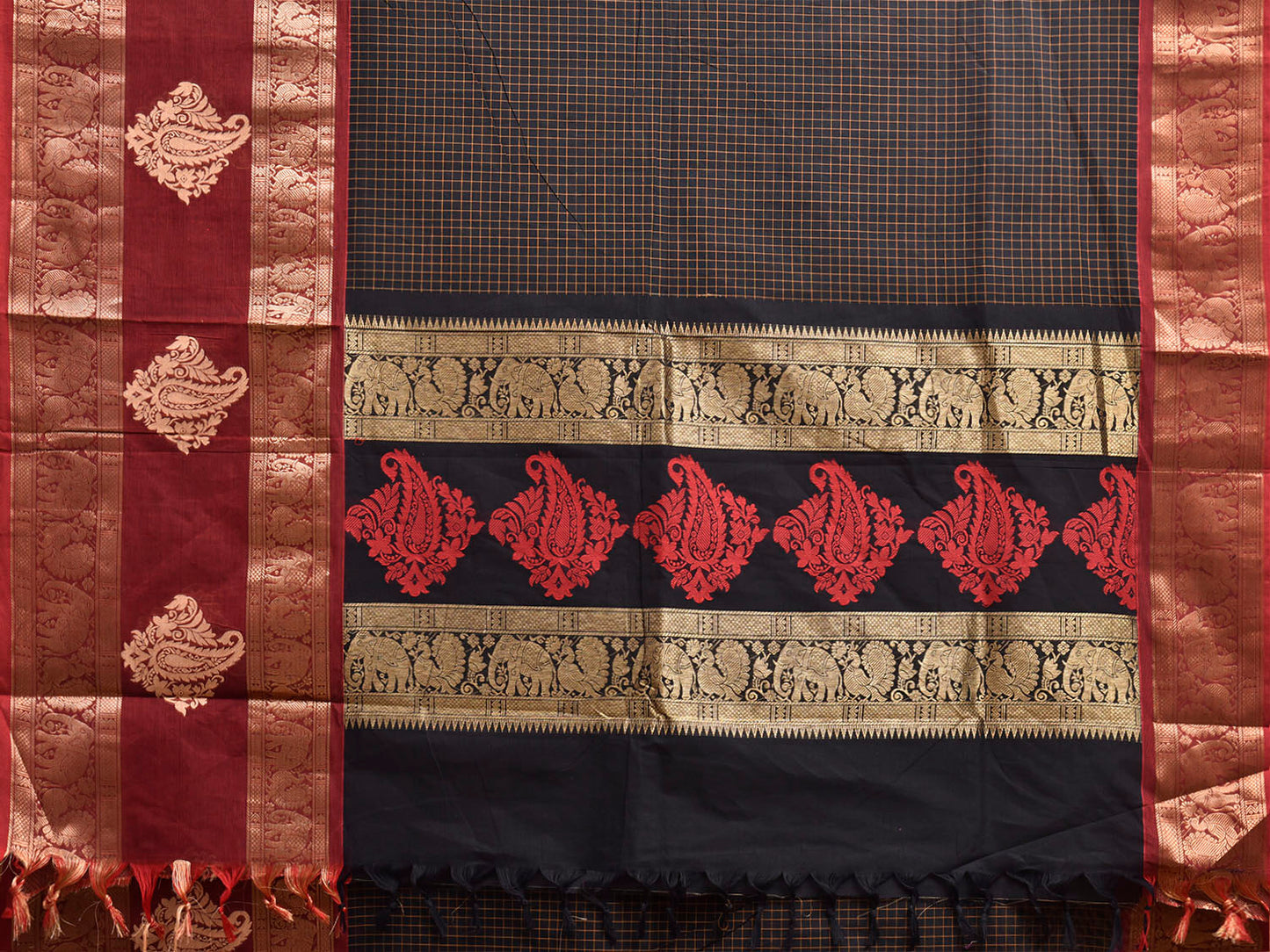 Black and Maroon Kanchipuram Cotton Saree with Checks and Big Border Design k1041