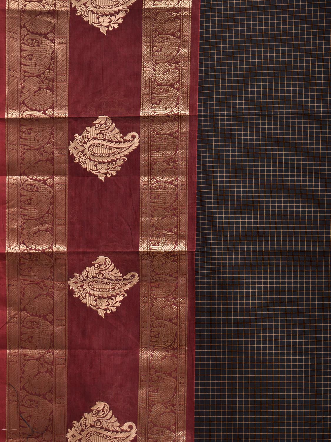 Black and Maroon Kanchipuram Cotton Saree with Checks and Big Border Design k1041