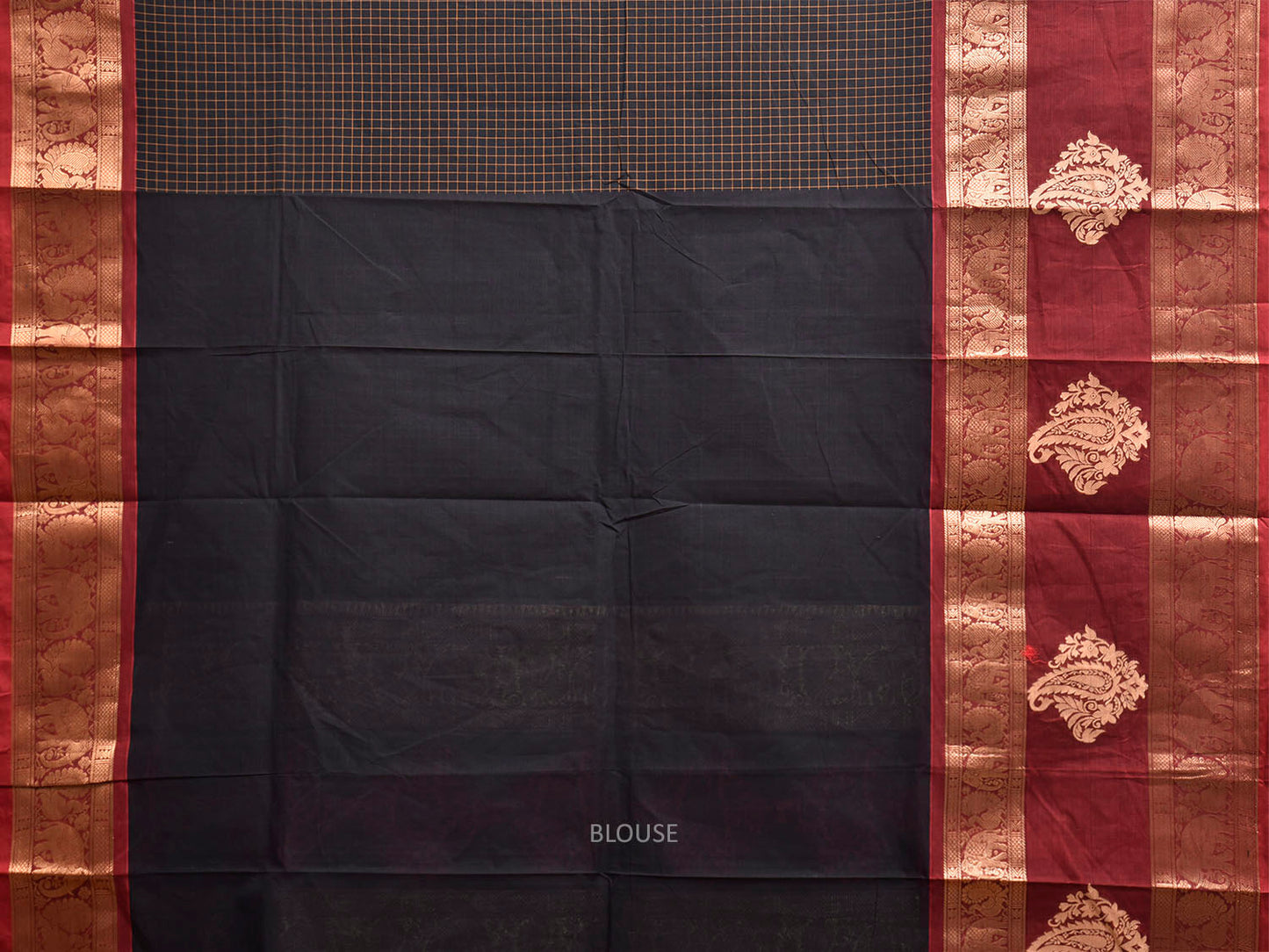 Black and Maroon Kanchipuram Cotton Saree with Checks and Big Border Design k1041