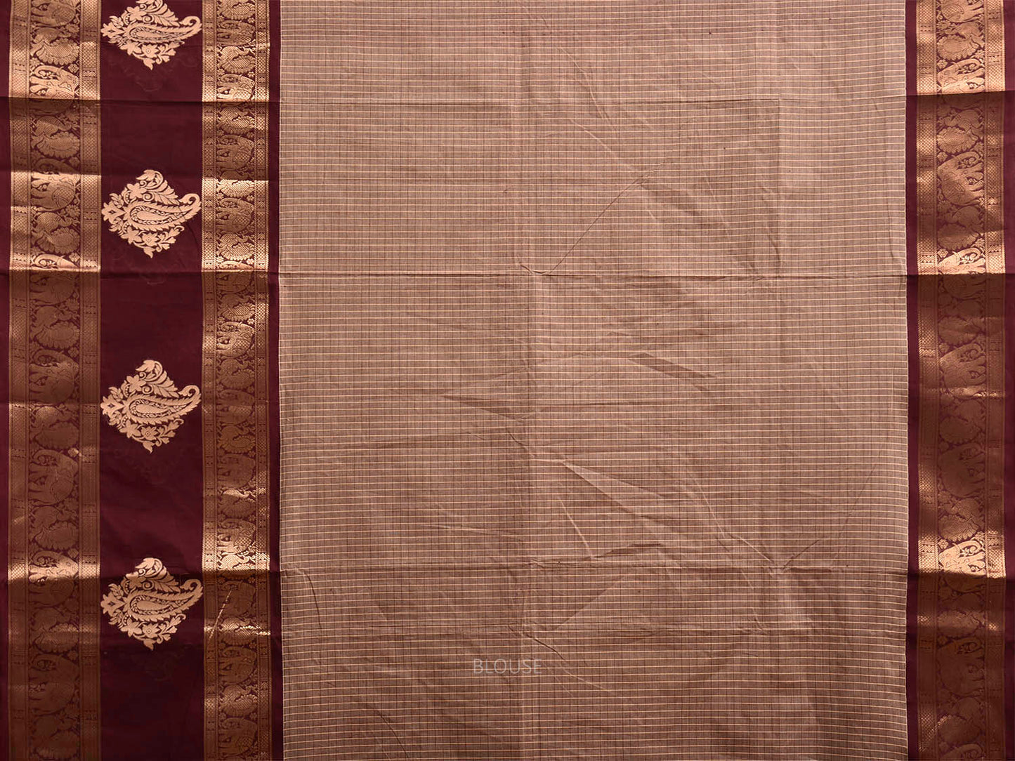 Light Fawn and Brown Kanchipuram Cotton Saree with Checks and One Side Border Design k1043