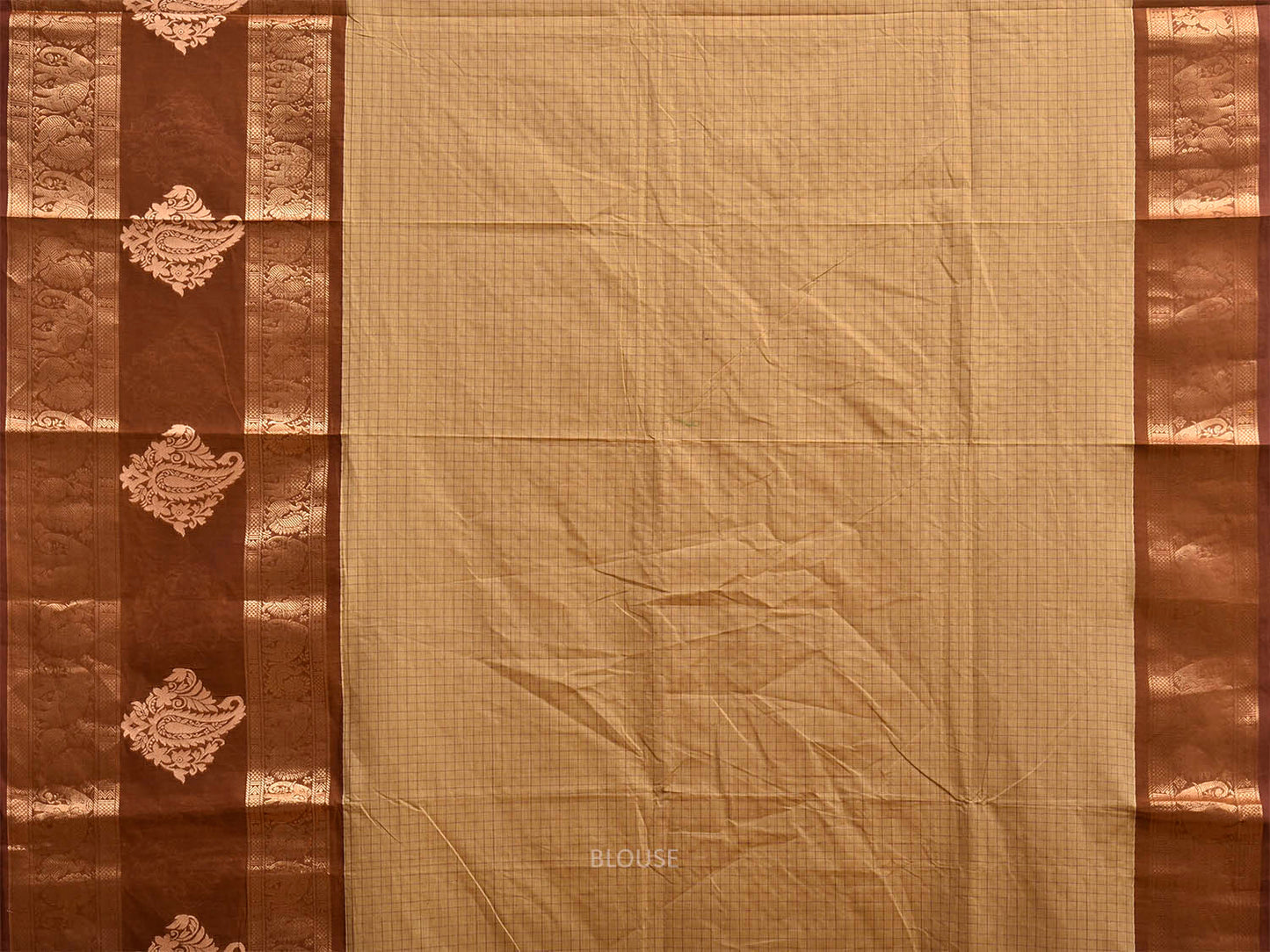 Cream and Light Brown Kanchipuram Cotton Saree with Checks and One Side Border Design k1046