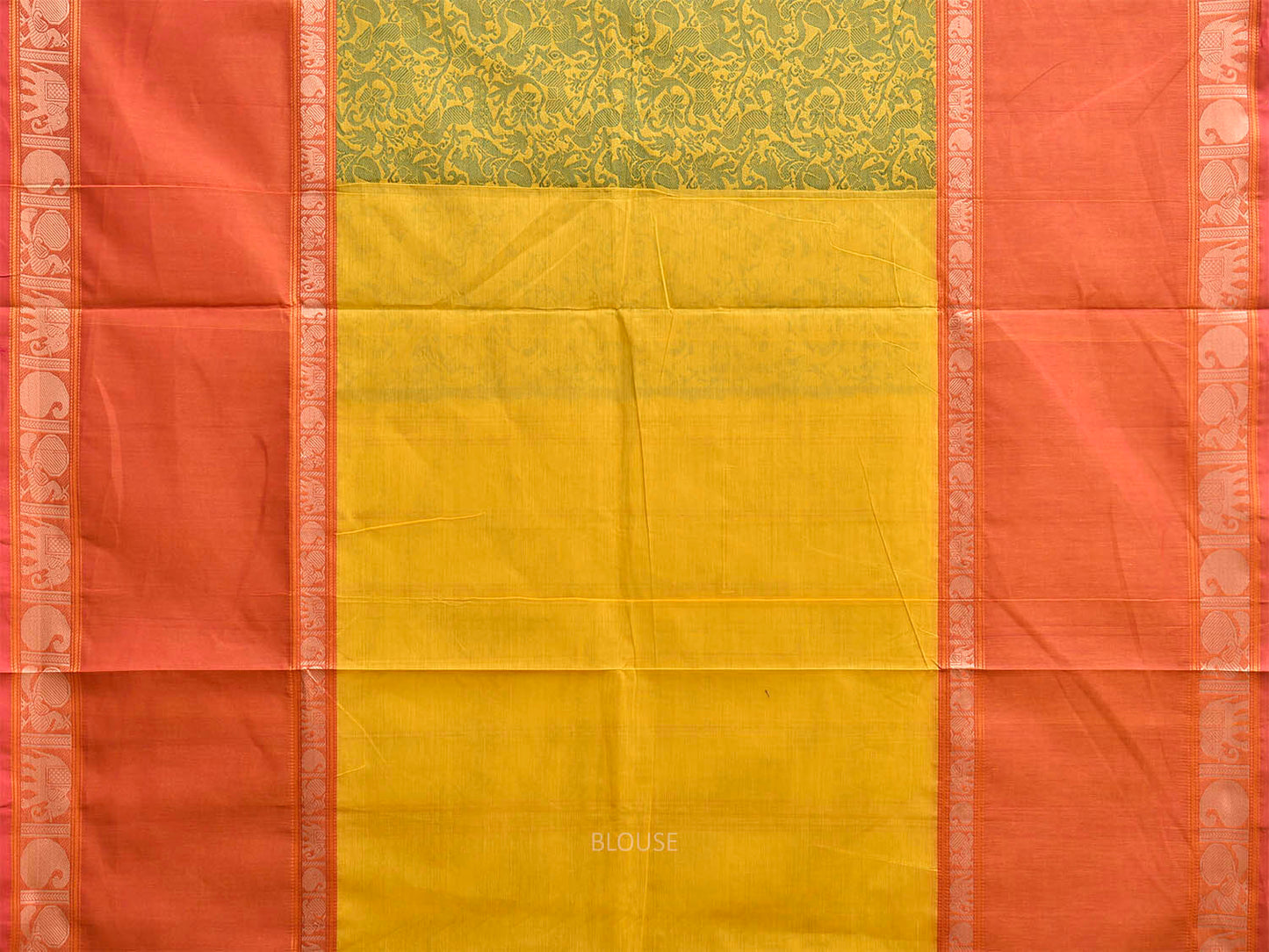 Green and Orange Kanchipuram Cotton Saree with Middle Brocade Design k1050