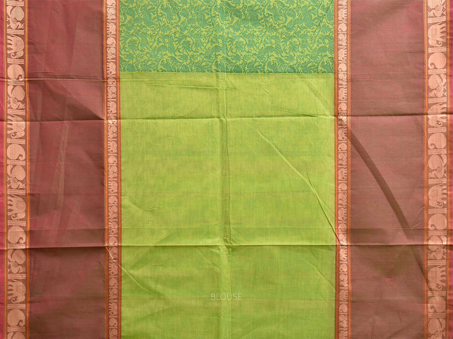 Green and Fawn Kanchipuram Cotton Saree with Middle Brocade Design k1052