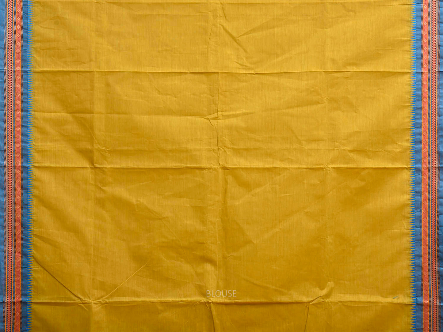 Yellow and Blue Kanchipuram Cotton Plain Saree with Border and Strips Pallu Design k1056