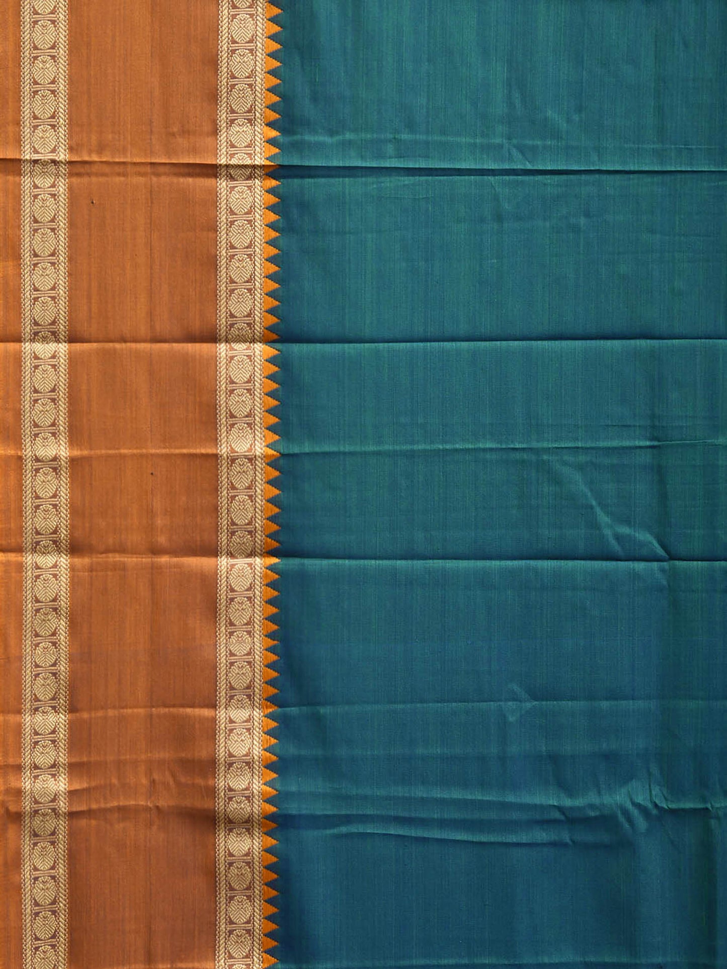 Teal Kanchipuram Cotton Plain Saree with Ganga-Jamuna Border Design No Blouse k1063