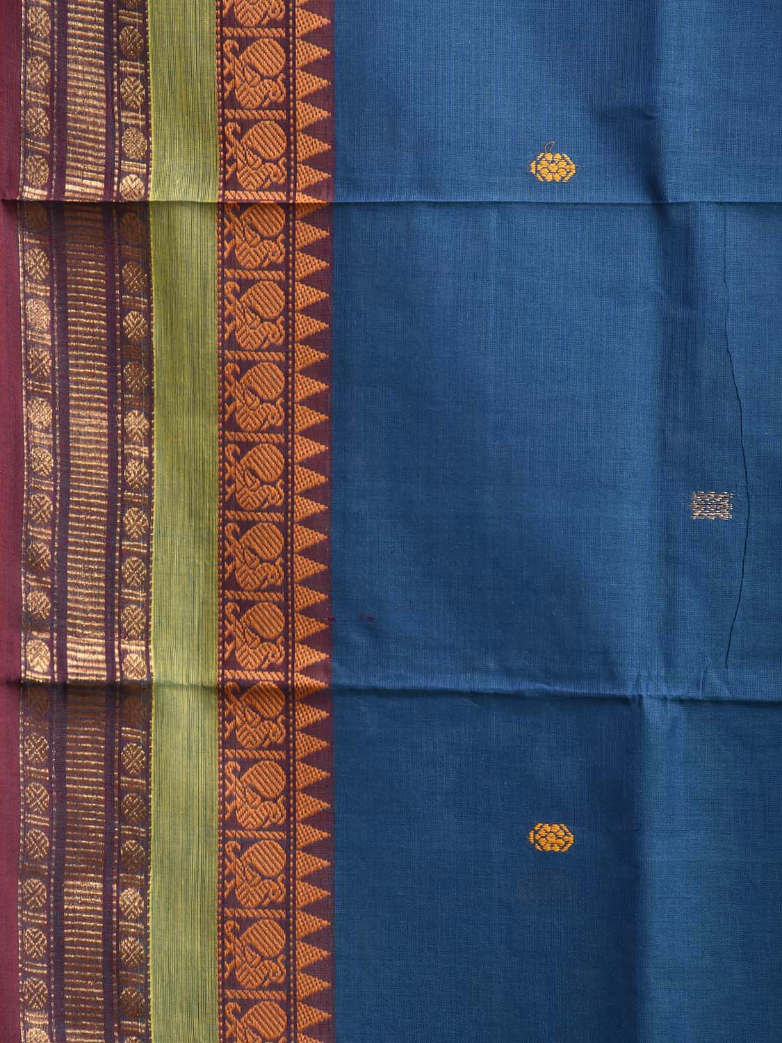 Blue and Green Kanchipuram Cotton Saree with Body Buta and Border Design No Blouse k1071