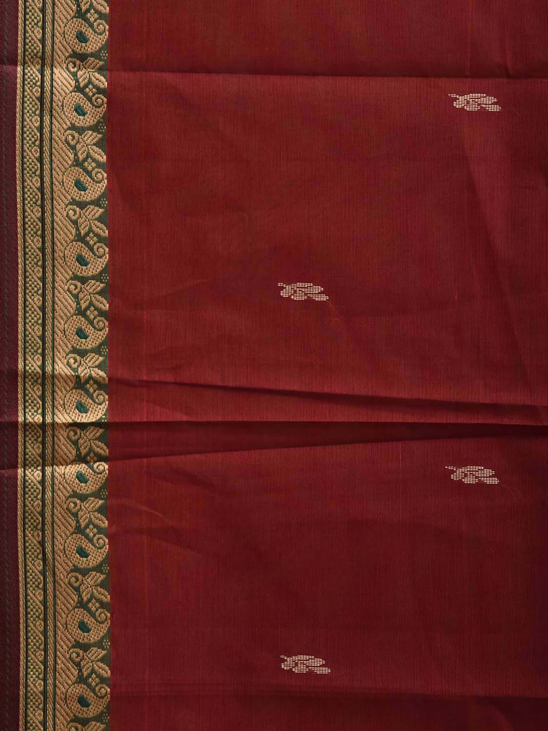 Maroon and Green Kanchipuram Cotton Saree with Body Buta and Strips Pallu Design No Blouse k1077