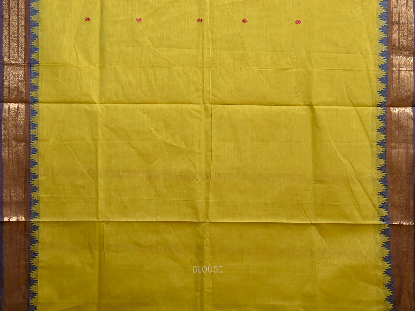 Light Green and Blue Kanchipuram Cotton Saree with Body Buta and Temple Border Design k1078