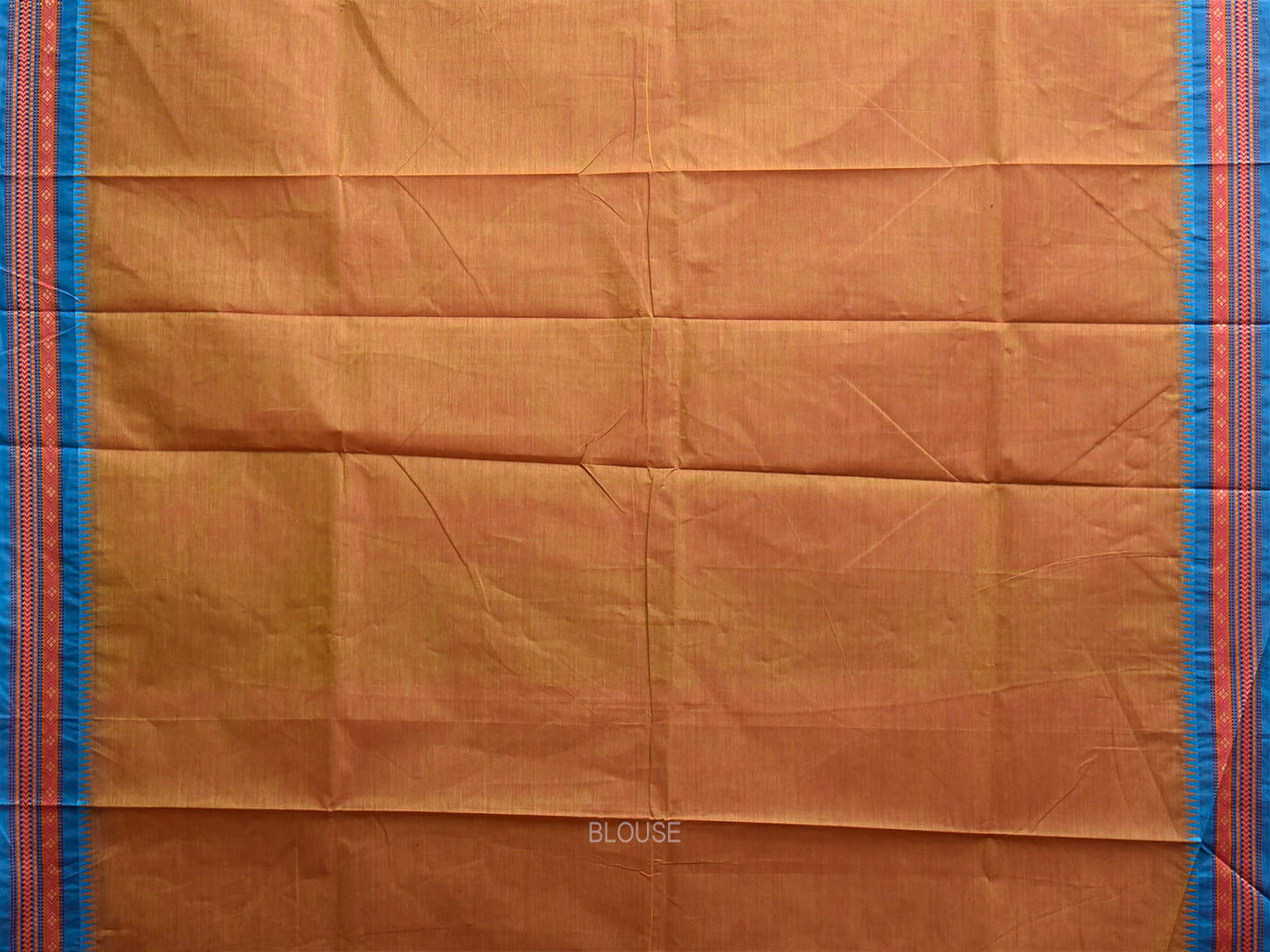 Light Orange and Blue Kanchipuram Cotton Plain Saree with Strips Pallu and Border Design