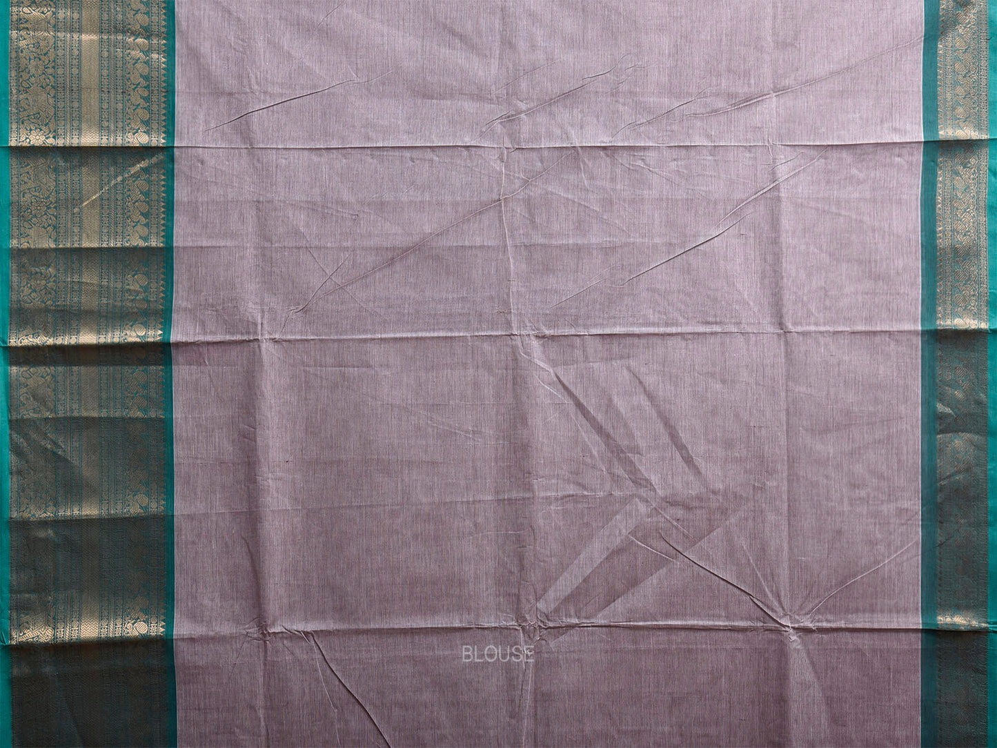 Grey and Turquoise Kanchipuram Cotton Plain Saree with Strips Pallu and Border Design k1083