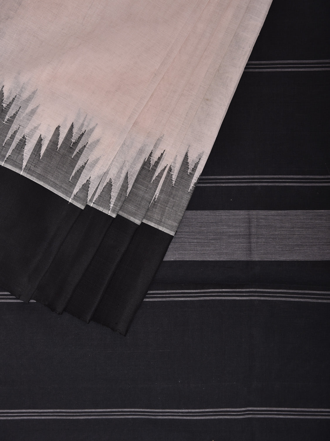 White and Black Khadi Cotton Handloom Plain Saree with Big Temple Border kh0723