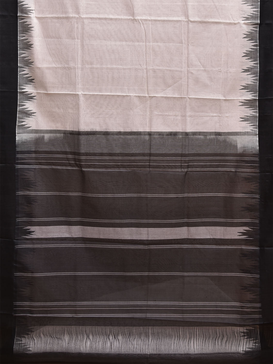 White and Black Khadi Cotton Handloom Plain Saree with Big Temple Border kh0723
