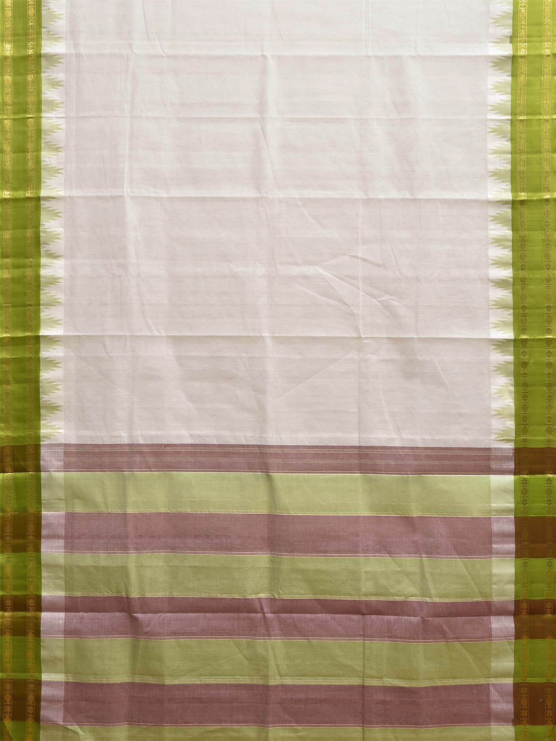 White and Green Khadi Cotton Handloom Plain Saree with Big Temple Border kh0727