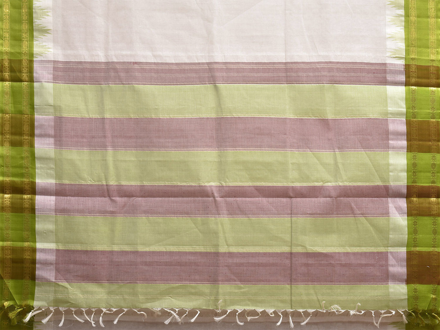 White and Green Khadi Cotton Handloom Plain Saree with Big Temple Border kh0727