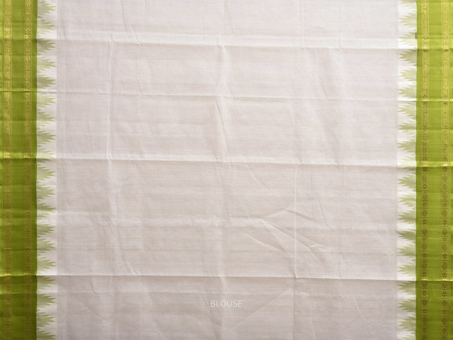 White and Green Khadi Cotton Handloom Plain Saree with Big Temple Border kh0727
