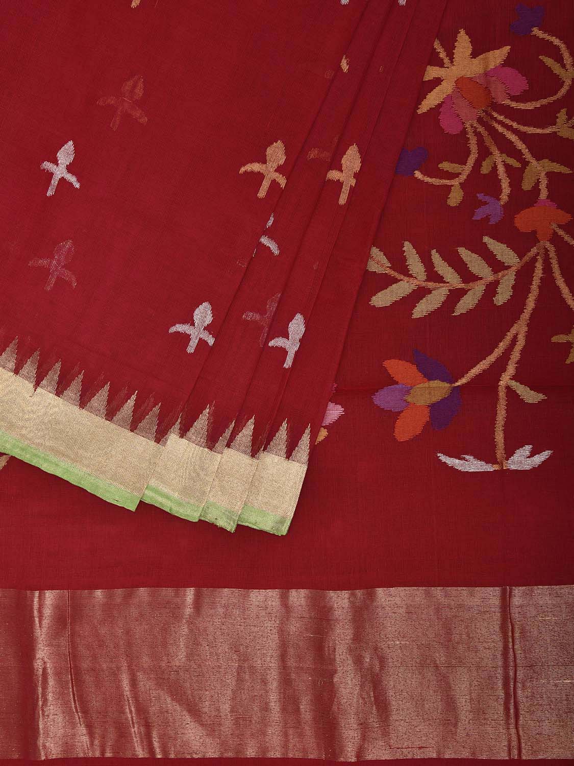 Red Khadi Cotton Handloom Saree with Birds and Floral Pallu Design kh0728