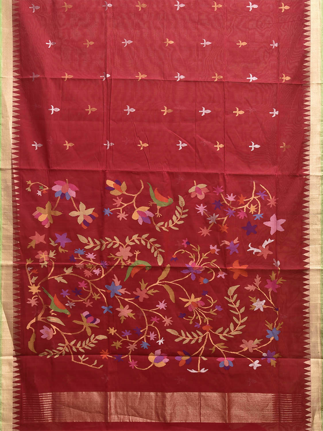 Red Khadi Cotton Handloom Saree with Birds and Floral Pallu Design kh0728
