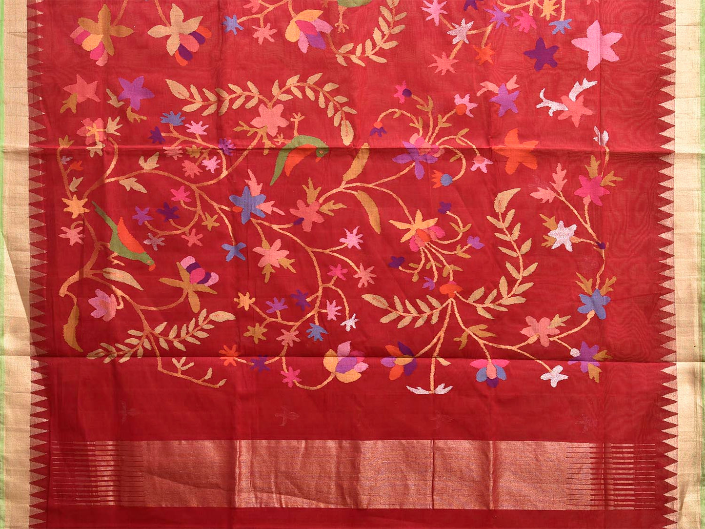 Red Khadi Cotton Handloom Saree with Birds and Floral Pallu Design kh0728