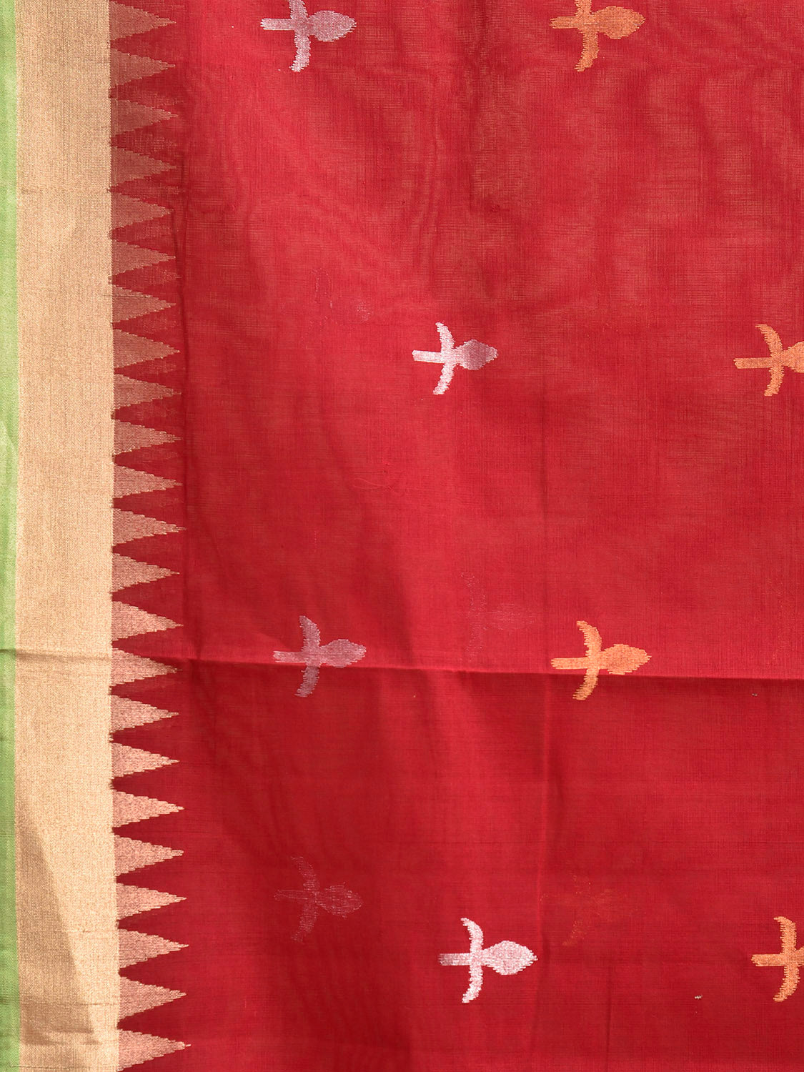 Red Khadi Cotton Handloom Saree with Birds and Floral Pallu Design kh0728