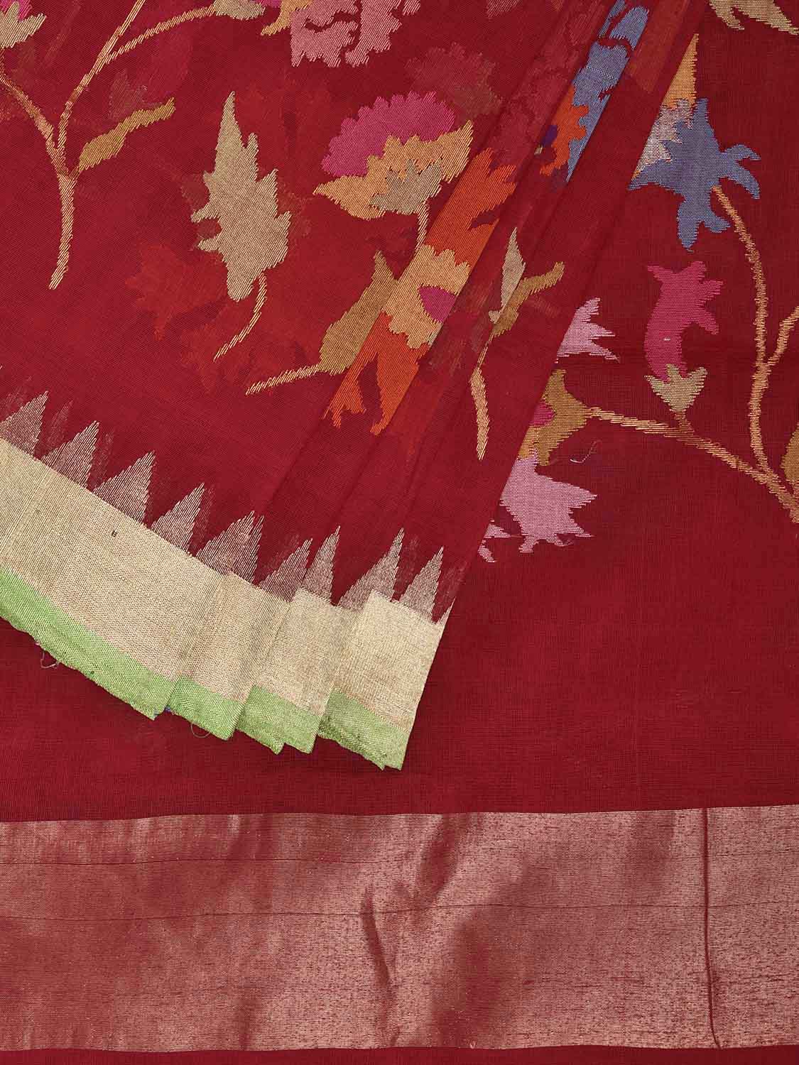 Red Khadi Cotton Handloom Saree with All Over Floral Design kh0730