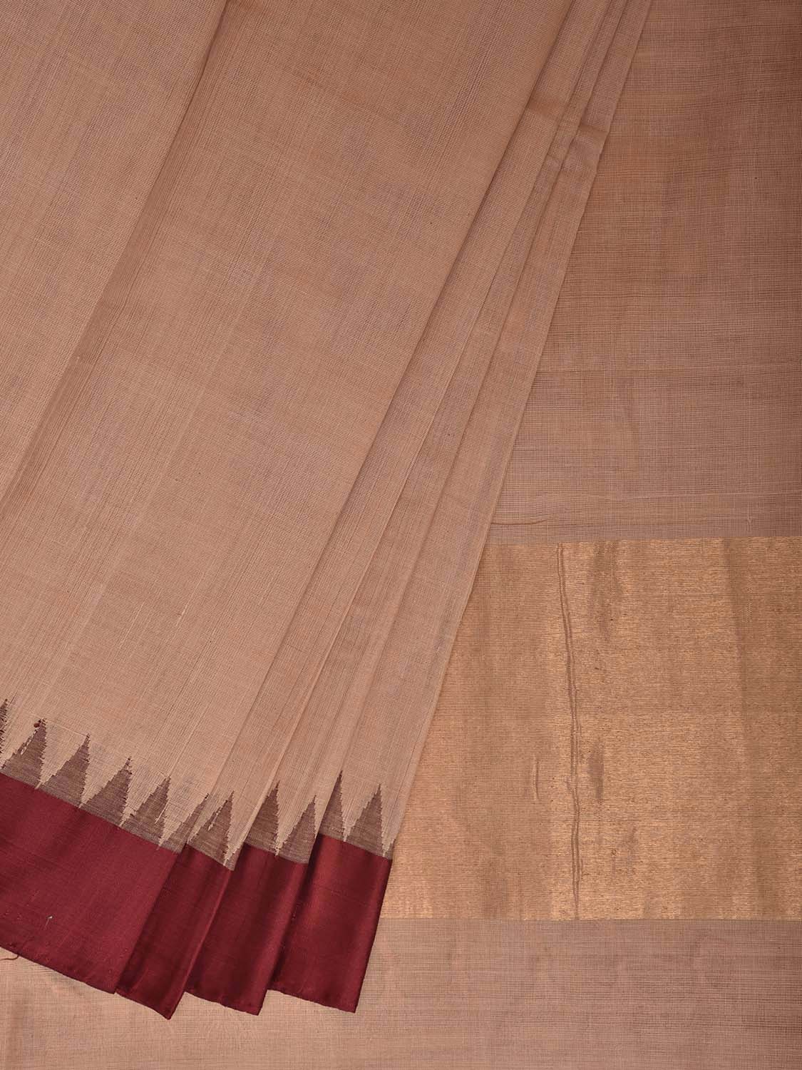 Cream and Maroon Khadi Cotton Handloom Palin Saree with Small Temple Border Design kh0732