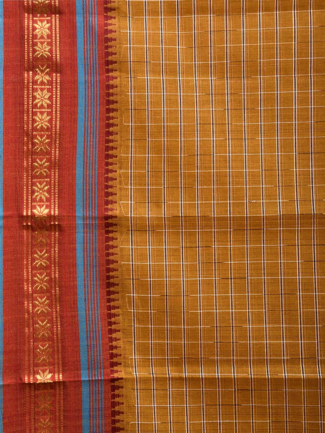 Khaki and Maroon Narayanpet Cotton Handloom Saree with Checks Design No Blouse np1017