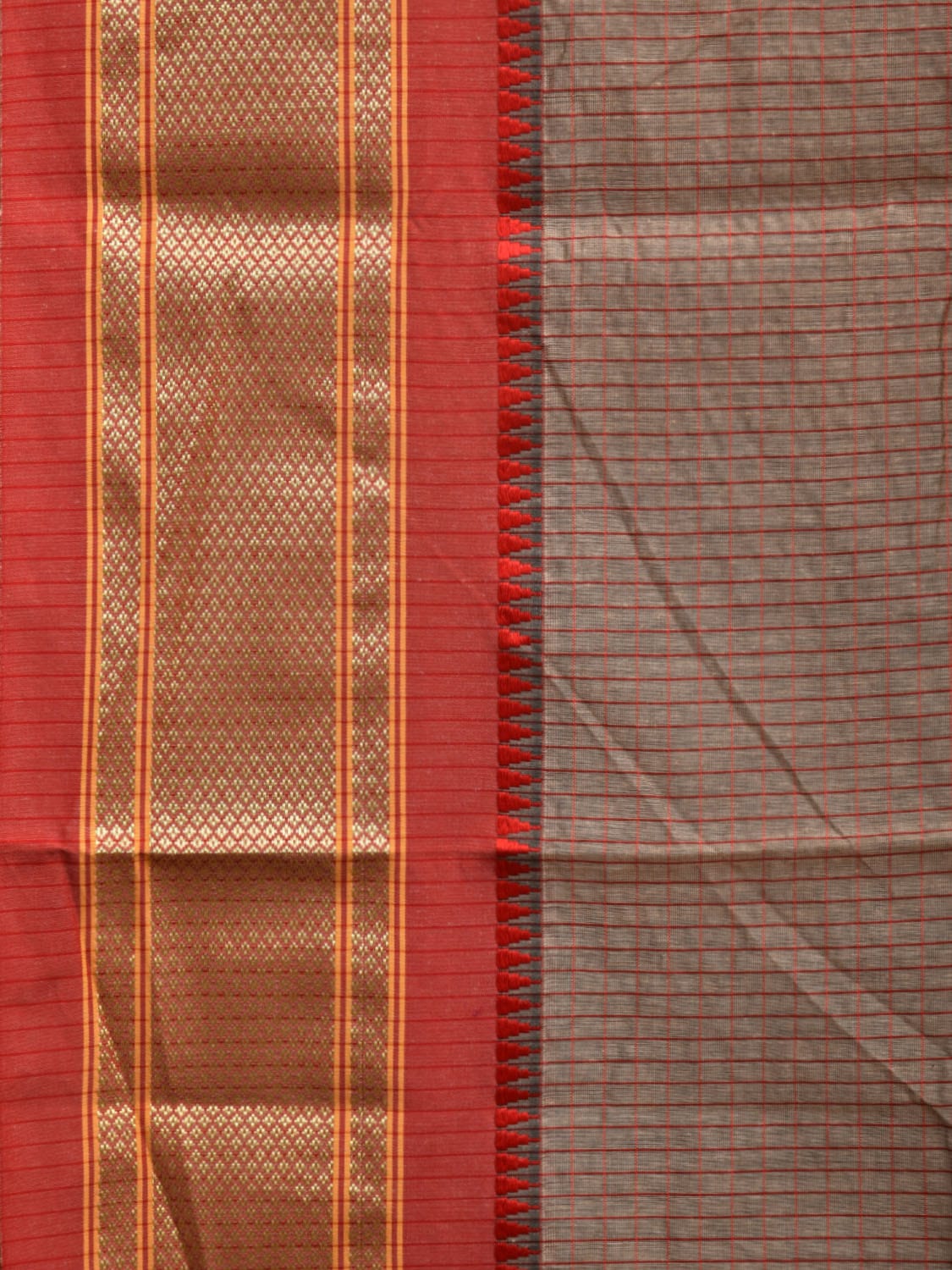 Khaki and Red Bamboo Cotton Saree with Checks Design No Blouse bc0302