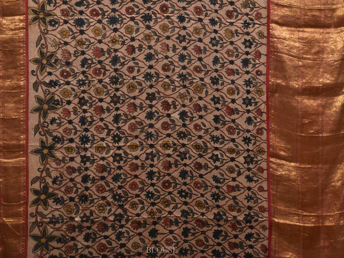 Khaki and Red Kalamkari Hand Painted Kanchipuram Silk Handloom Saree with Floral Design KL0626