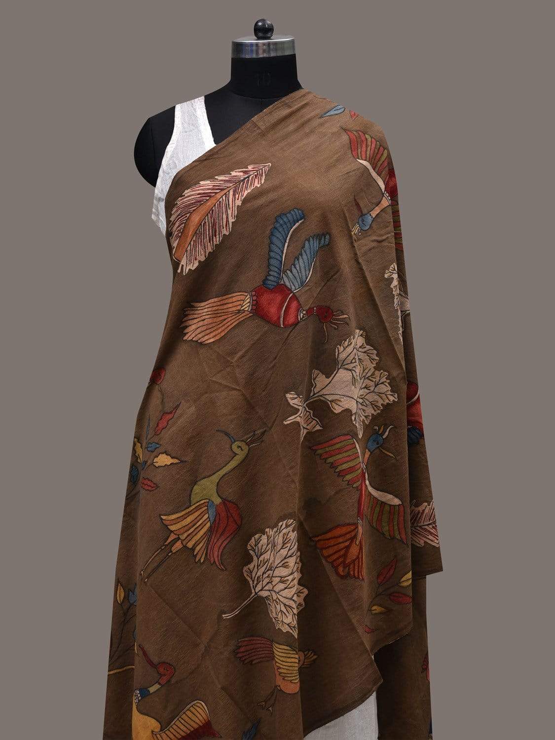 Khaki Kalamkari Hand Painted Cotton Handloom Dupatta with Birds Design ds2447