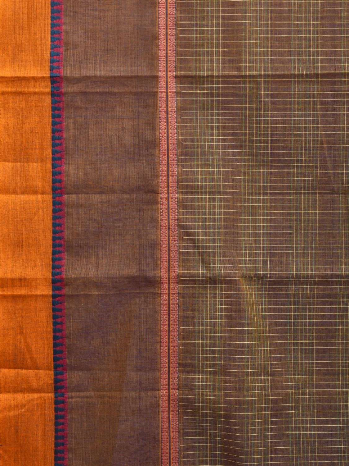 Khaki Narayanpet Cotton Handloom Saree with Checks and Big Border Design No Blouse np0861