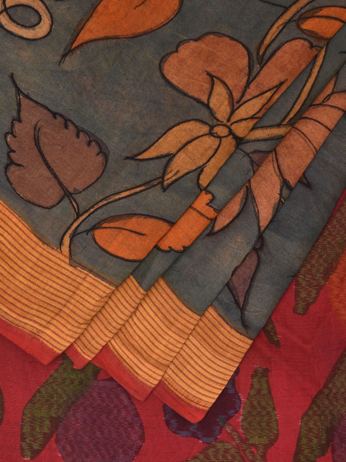 Blue and Red Kalamkari Hand Painted Ikat Sico Saree with Lotus Flower Design No Blouse KL0783